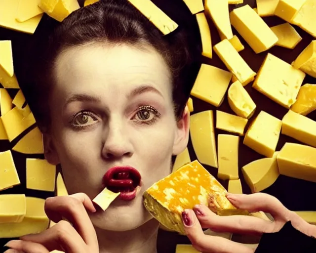 Prompt: incredible strange absurd closeup artwork of androids tasting cheese, finding it very weird but yet oddly tasteful at the same time, weird tasting ritual of cheese products in the style of tim walker fashion photography, also containing some soft cheese