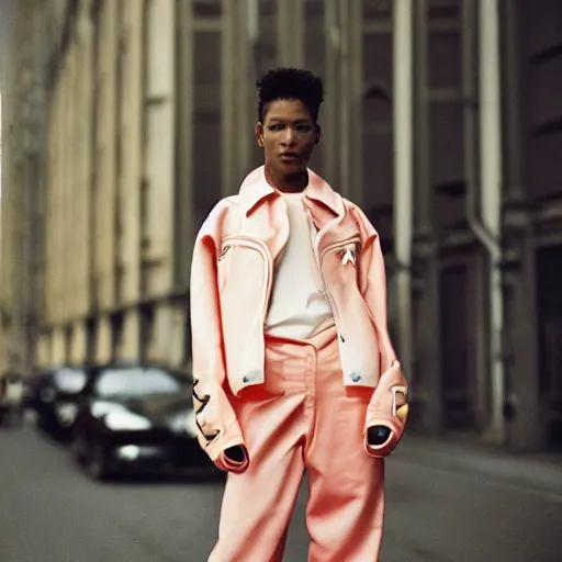 Image similar to realistic photoshooting for a new balenciaga lookbook, color film photography, portrait of a beautiful woman, woman is wearing a motorcycle suit, in style of Tyler Mitchell, 35mm,