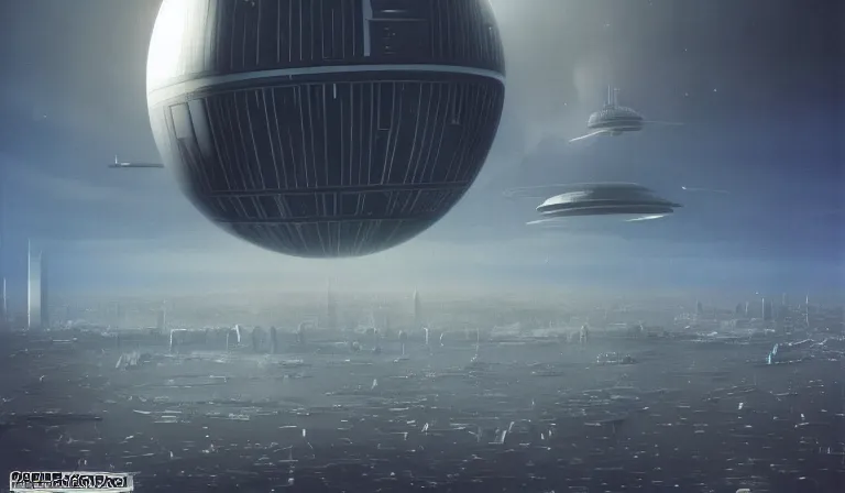 Prompt: the death star being constructed high in the atmosphere above the london city skyline, ralph mcquarrie style, artstation,