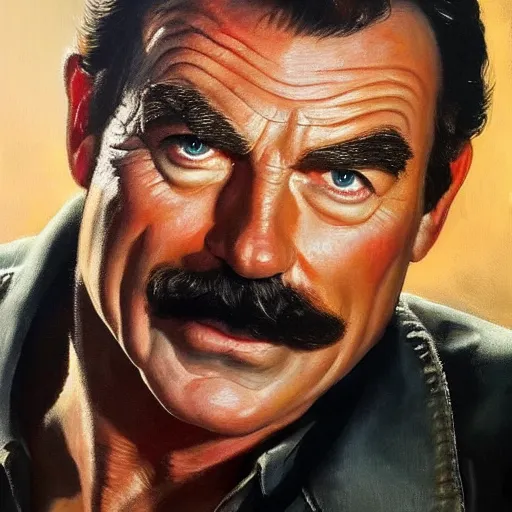 Prompt: ultra realistic portrait painting of tom selleck as dutch van der linde, art by frank frazetta, 4 k, ultra realistic, highly detailed, epic lighting
