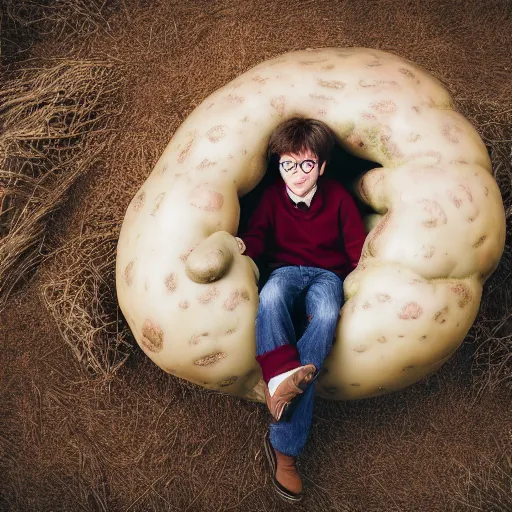 Prompt: harry potter, laying inside of a giant potato, idaho, photography, closeuo, midshot, midday, realistic, cinematic