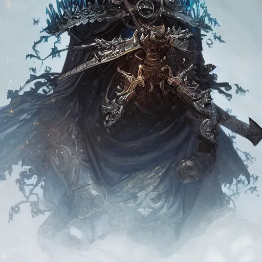 Image similar to the lich king, D&D, fantasy, intricate, cinematic lighting, highly detailed, digital painting, artstation, concept art, smooth, sharp focus, illustration, art by Akihiko Yoshida, Greg Rutkowski and Alphonse Mucha