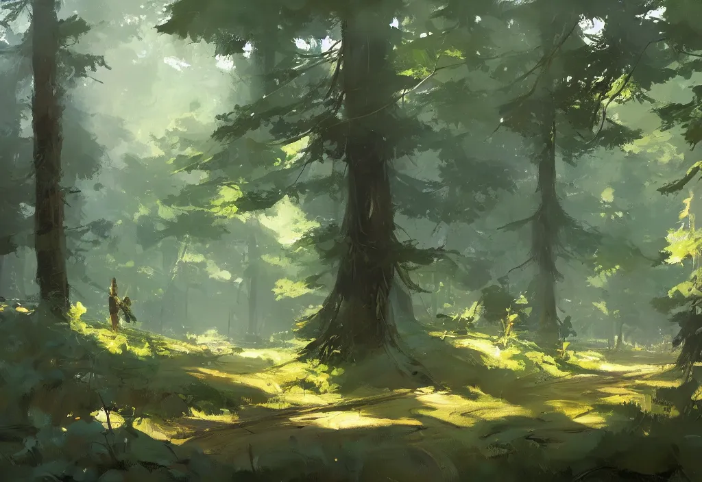 Prompt: greg manchess painting of a forest landscape, painting, trending on artstation, by ismail inceoglu and craig mullins