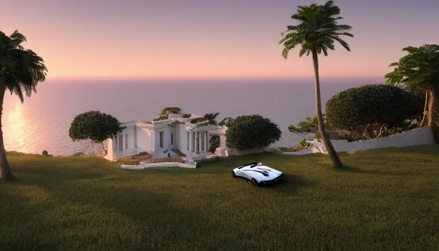 Prompt: sicilian white villa built on the edge of a hill, lamborghini, sunrise, sea, trees, wide view, hyperdetailed, artstation, cgsociety, 8 k