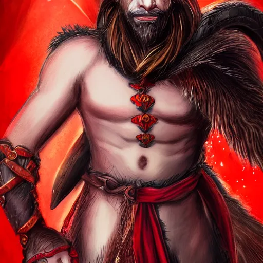 Image similar to dnd style portrait of a tiefling, male, red scales, red skin, a big black beard, completely golden eyes, 2 black ram horns growing out of his forehead,