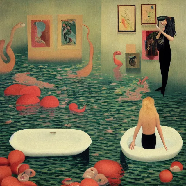 Image similar to female emo art student in her bath, painting of flood waters inside an artist's feminine bedroom, a river flooding indoors, pomegranates, pigs, ikebana, water, octopus, river, rapids, waterfall, black swans, canoe, berries, acrylic on canvas, surrealist, by magritte and monet