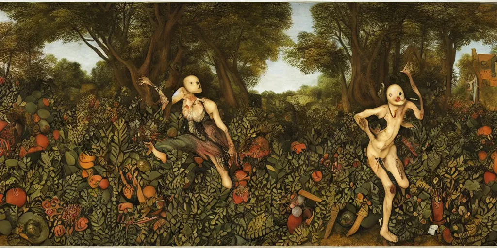 Prompt: portrait of a teenage punk zombie dissolving in a field of foliage, botanicals, fruit and feathers, highly detailed, vivid color, chiarascuro lighting, fantasy art, in the style of pieter bruegel, cartoonish, whimsical