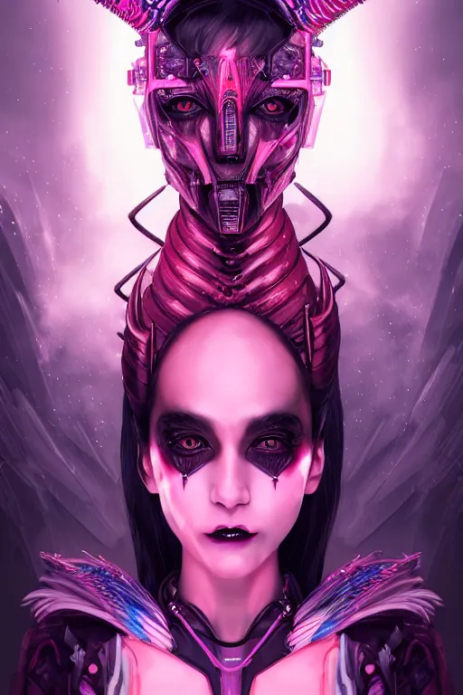 Prompt: portrait futuristic Devil Girl with horns and wings and feathers and armor, creepy smile, in future cyberpunk tokyo rooftop , ssci-fi, fantasy, intricate, very very beautiful, elegant, human anatomy, human structure, neon light, highly detailed, digital painting, artstation, concept art, smooth, sharp focus, illustration, art by tian zi and WLOP and alphonse mucha