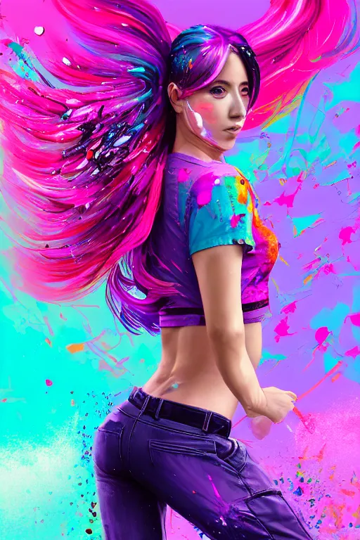 Image similar to a award winning half body porttrait of a beautiful woman in a croptop and cargo pants with ombre purple pink teal hairstyle with head in motion and hair flying, paint splashes, splatter, outrun, vaporware, shaded flat illustration, digital art, trending on artstation, highly detailed, fine detail, intricate