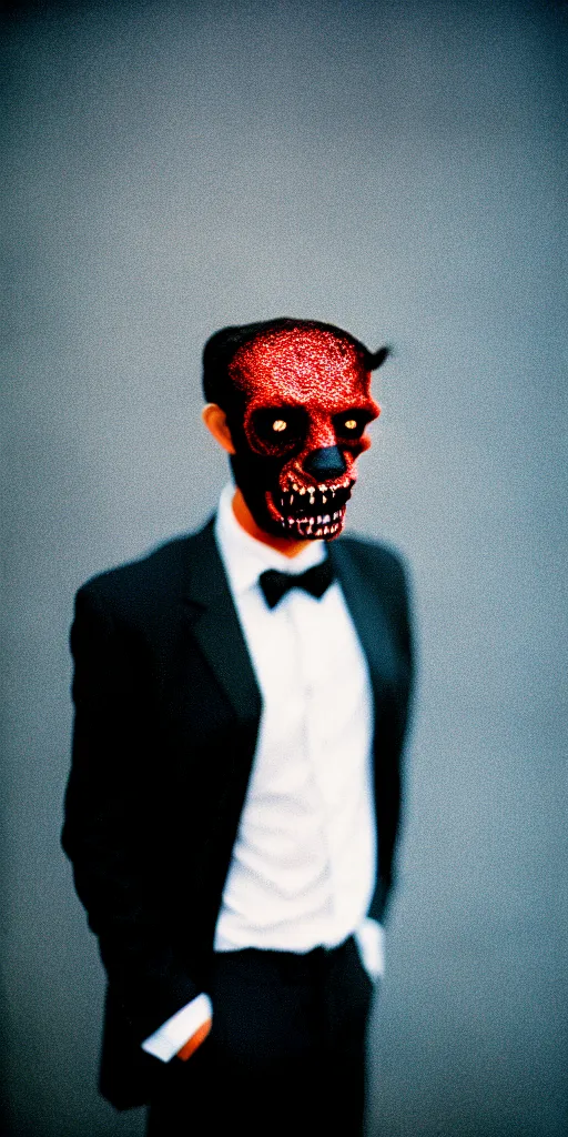 Prompt: sharp portrait of a man in a suit with a face made of black shiny leather standing in los angeles, blured zombies on a background, bokeh, detailed, film photography, kodak portra 4 0 0, mamiya,