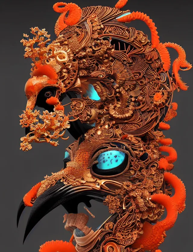 Image similar to 3 d goddess close - up profile portrait biomechanics with ram skull. beautiful intricately detailed japanese crow kitsune mask and clasical japanese kimono. betta fish, jellyfish phoenix, bio luminescent, plasma, ice, water, wind, creature, artwork by tooth wu and wlop and beeple and greg rutkowski. gold black teal and orange color scheme