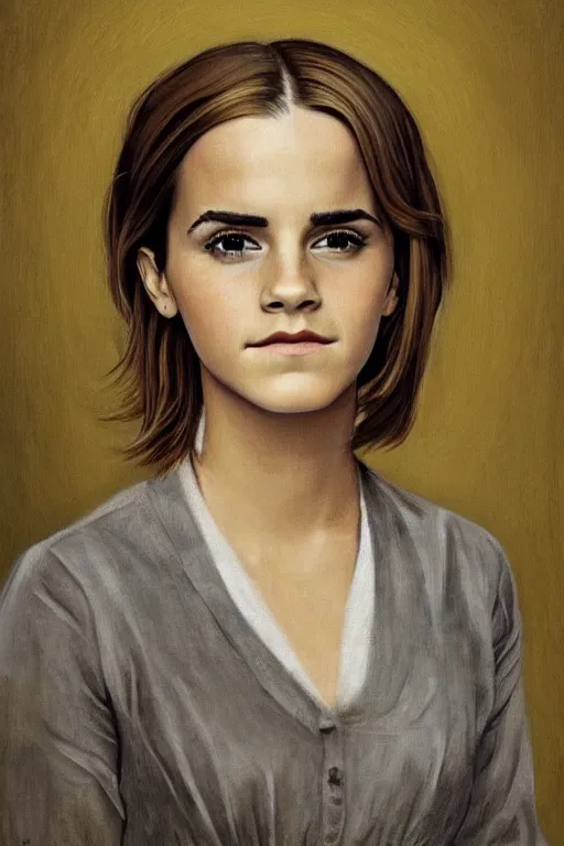 Image similar to ultra realistic emma watson face portrait in the style of grant wood