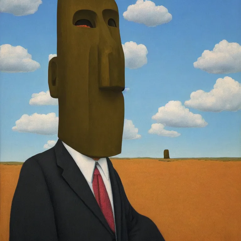 Image similar to portrait of a faceless moai - head man in a suit, clouds in the background, by rene magritte, detailed painting, distance, middle centered, hd, hq, high resolution, high detail, 4 k, 8 k