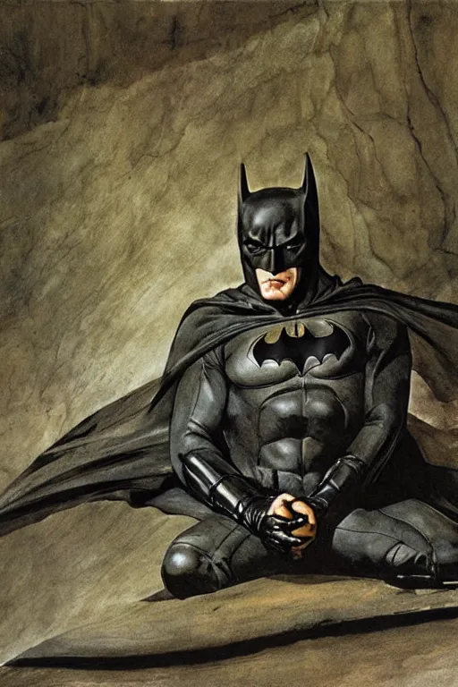 Prompt: Andrew Wyeth artwork, Batman in the batcave