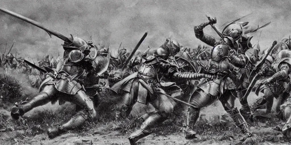 Image similar to anthropomorphic furry wolf in armor fighting in a battlefield, 1900s picture