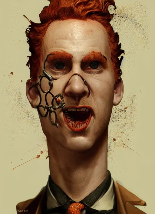 Image similar to biohazard portrait of curly orange hair man from bioshock, au naturel, hyper detailed, digital art, trending in artstation, cinematic lighting, studio quality, smooth render, unreal engine 5 rendered, octane rendered, art style by klimt and nixeu and ian sprigger and wlop and krenz cushart.