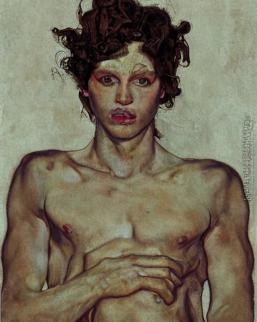 Prompt: portrait of medusa as a boy with many pythons by greg rutkowski in the style of egon schiele