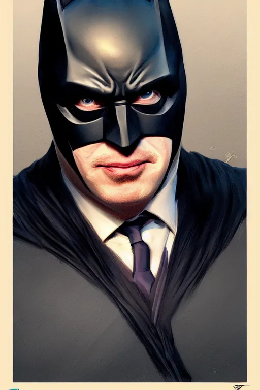 Image similar to Boris Johnson as Batman, Boris Johnson hairstyle, full body realistic portrait, highly detailed, digital painting, artstation, concept art, smooth, sharp focus, illustration, cinematic lighting, art by artgerm and greg rutkowski and alphonse mucha