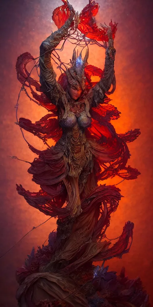 Image similar to A beautiful detailed 3d tarot card figure by ellen jewett, tomasz alen kopera and Justin Gerard red torn fabric, radiant colors, fantasy, trending on artstation, volumetric lighting, micro details, 3d sculpture, ray tracing, 8k