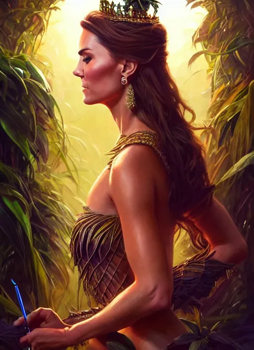 Image similar to kate middleton as jungle queen, intricate, elegant, glowing lights, highly detailed, digital painting, artstation, glamor pose, concept art, smooth, sharp focus, illustration, art by artgerm and greg rutkowski, artey freytag