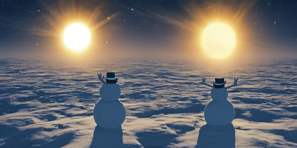 Image similar to a snowman standing on top of the sun. cinematic, dramatic, atmospheric, extremely coherent, 8 k, space