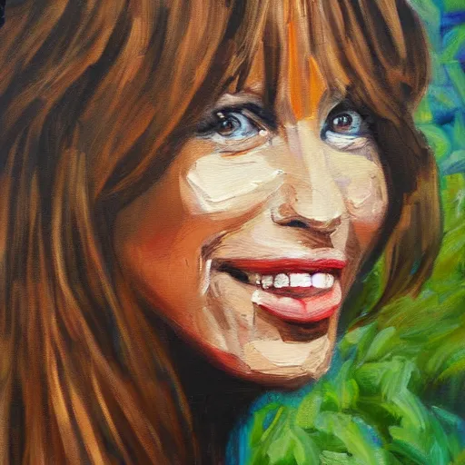 Prompt: expressive oil painting of carly simon, portrait, nostalgic, outdoors, plants