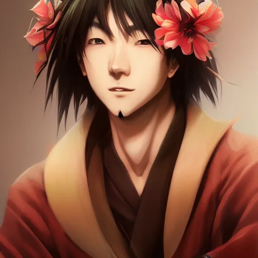 Image similar to A realistic anime portrait of a handsome japanese with a human face wearing a kimono, digital painting, by Stanley Artgerm Lau, WLOP, and Rossdraws, digtial painting, trending on ArtStation, deviantart