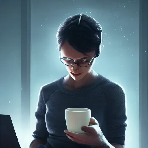 Prompt: Elite programmer expertly wrangling code late at night, intensely focused, coffee, highly detailed, sharp focus, smooth, cinematic lighting, realistic digital art, trending on artstation