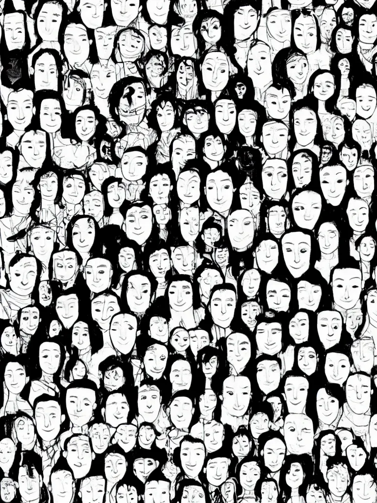 Image similar to black and white sketch of thousand faces packed together by disney concept artists, blunt borders, rule of thirds