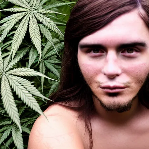 Prompt: a transgender man with long brown hair sits near a hemp