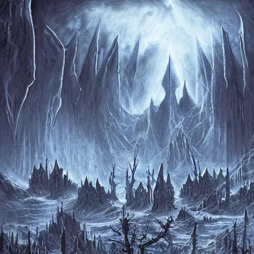 Prompt: ghosts haunting Minas Morgul, black metal artwork, blue color scheme, highly detailed