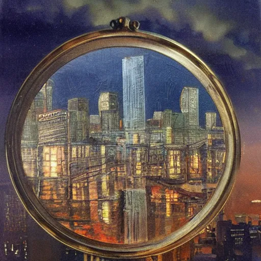 Image similar to photorealistc full - color painting of a broken and distorted mirror reflecting a nightmarish boston downtown skyline in 1 9 2 5 at night with a horrifying sky, aerial view, dark, brooding, night, atmospheric, horror, cosmic, ultra - realistic, smooth, highly detailed by dave dorman