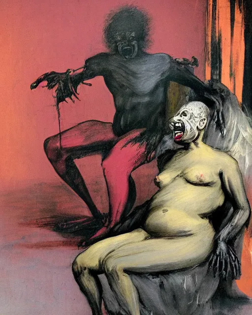 Prompt: dark fleshy figure seated next to another dark angey figure laughing in a messy living room by Francisco Goya and Francis Bacon and Jamea Jean, vibrant pueple background, mythological painting, oil painting, triadic color scheme, very coherent, Figure laughing seated on a throne made out of a beskeleton inside interior room, Beksinski painting, masterpiece, artstation