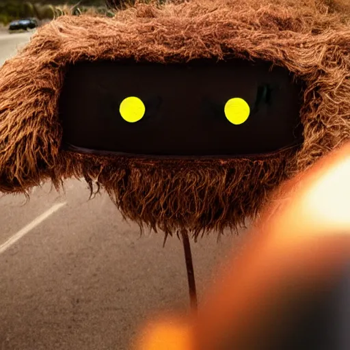 Image similar to hairy flesh covered car with eyes and a mouth