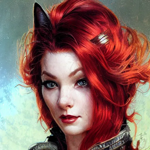 Image similar to highly detailed closeup portrait of beautiful cat woman with red hair, very detailed, realistic, card, by Stanley Artgerm Lau, greg rutkowski, thomas kindkade, alphonse mucha, loish, norman rockwell J.