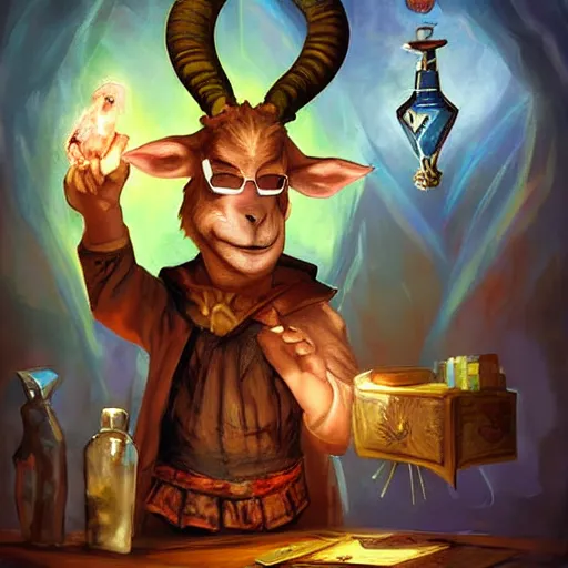 Prompt: Magic the gathering artwork of Anthropomorphized Goat magician casting magic spell, magic shop, shelves full, selling a gem, portrait, items, magic potions, specimens in glasses, carpet, window, fancy funny hat, sly expression , cunning expression, cute expression, presenting magic gem, D&D, fantasy, cinematic lighting, highly detailed, digital painting, artstation, concept art, smooth, sharp focus, illustration, warm light, cozy warm tint, magic the gathering artwork, volumetric lighting, 8k, no gold, no gold colours, art by Akihiko Yoshida and Greg Rutkowski