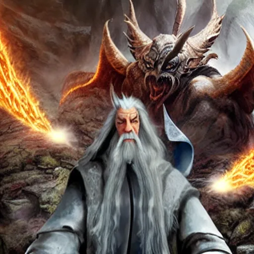 Image similar to Selfie taken by an overconfident Gandalf the Grey on the Bridge of Khazad Dum, a balrog looming in the background,