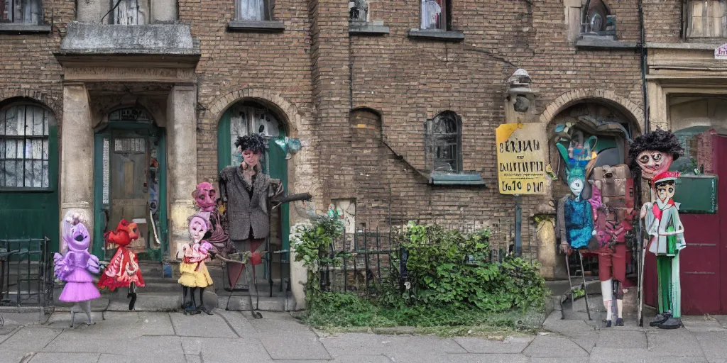 Image similar to outside an orphanage in london, tim burton and claymation style