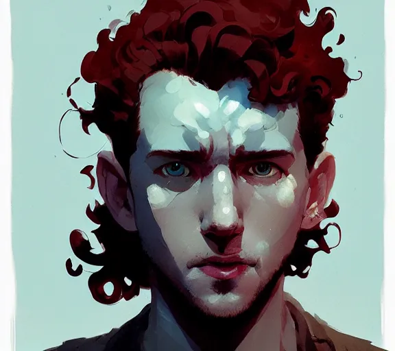 Image similar to portrait man with red curly hair and bright eyes, by atey ghailan, by greg rutkowski, by greg tocchini, by james gilleard, by joe fenton, by kaethe butcher, by ashley wood, dynamic lighting, gradient light blue, brown, blonde cream and white color scheme, grunge aesthetic