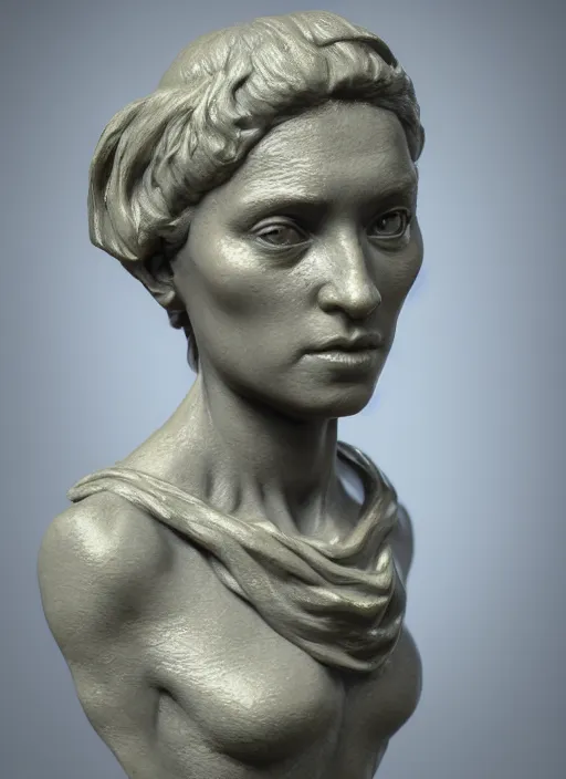 Image similar to 3D resin miniature sculpture by Jean-Baptiste Carpeaux and Donatello, woman, prefect symmetrical face, academic art, realistic, 8K, Introduction factory photo, Product Introduction Photo, Hyperrealism. Subsurface scattering, raytracing, Octane Render, Zbrush, simple background