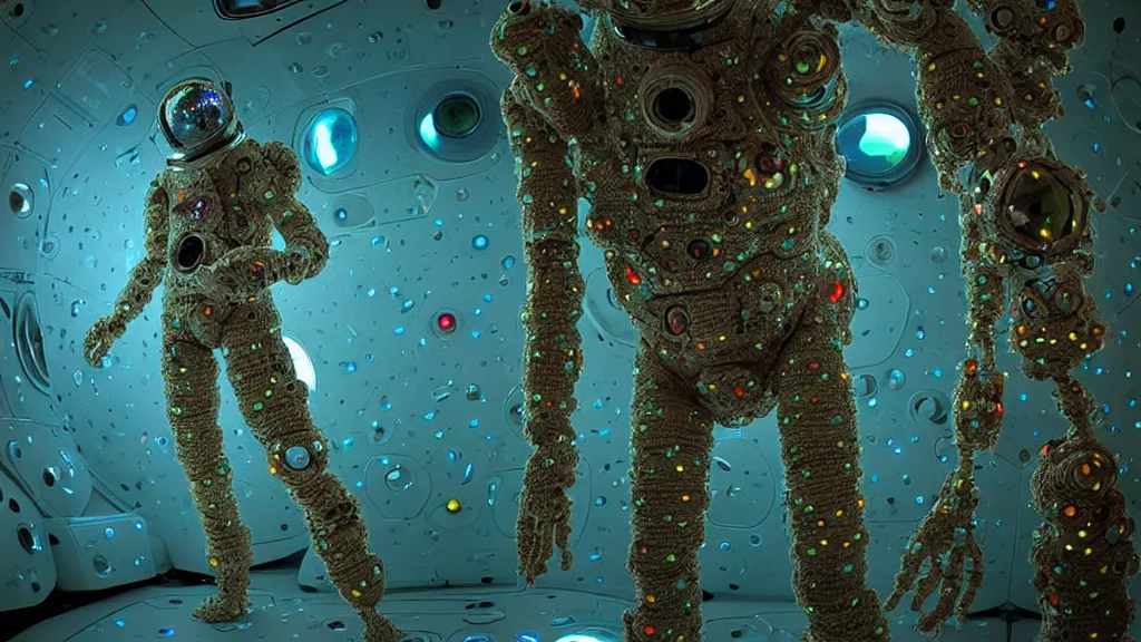 Image similar to a cybernetic symbiosis of a single astronaut mech-organic eva suit made of pearlescent wearing knitted shiny ceramic multi colored yarn thread infected with diamond 3d fractal lace iridescent bubble 3d skin dotted covered with orb stalks of insectoid compound eye camera lenses floats through the living room, film still from the movie directed by Denis Villeneuve with art direction by Salvador Dalí, wide lens,kevlar,carbon fiber,ceramics,gaseous materials,