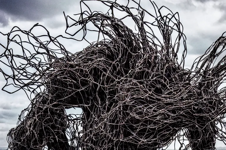 Prompt: a beautiful demonic creature covered in electronic wires sculpture electricity earthquake, ocean, sea, dust particles, covered in dust, grind, rocks, dark clouds