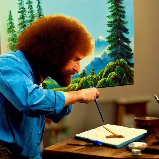 Image similar to a closeup photorealistic photograph of bob ross working on a canvas painting cookie monster. film still. brightly lit scene. mountains and trees. this 4 k hd image is trending on artstation, featured on behance, well - rendered, extra crisp, features intricate detail, epic composition and the style of unreal engine.