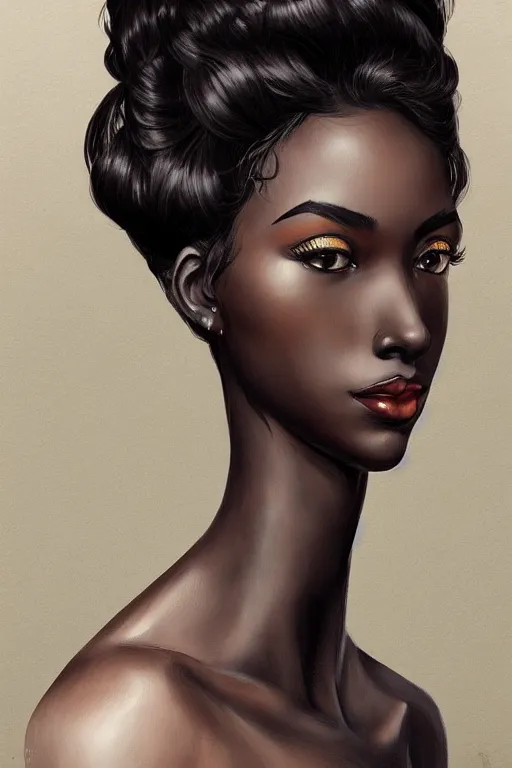 Image similar to A bust of a tall black skinned girl with large lips and smooth eyebrows and wavy hair, HD, illustration, epic, fantasy, intricate, elegant, amazing detail, digital painting, artstation, concept art, smooth, sharp focus, illustration, art by Turine Tran