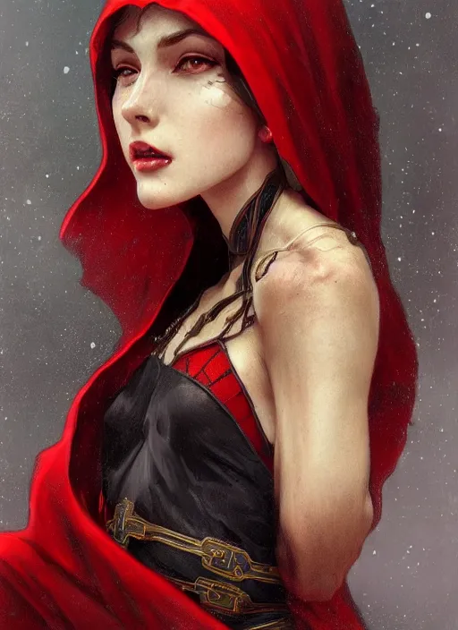 Image similar to symmetry!! red riding hood, machine parts embedded into face, intricate, elegant, highly detailed, digital painting, artstation, concept art, smooth, sharp focus, illustration, art by artgerm and greg rutkowski and alphonse mucha, 8 k