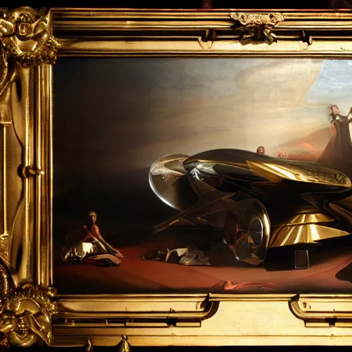 Image similar to sci-fi car dynamic organic forms structure car and wall structure in middle of the coronation of napoleon painting by Jacques-Louis David black ceramic material shiny gloss water reflections search pinterest keyshot product render 4k