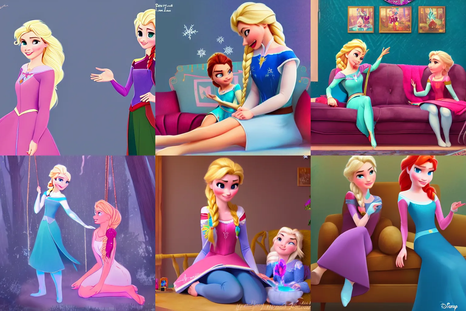 Prompt: Anna and Elsa hanging out at home, Disney Comfy Princess, Wreck-It Ralph 2, digital promotional art, trending on art station, concept art