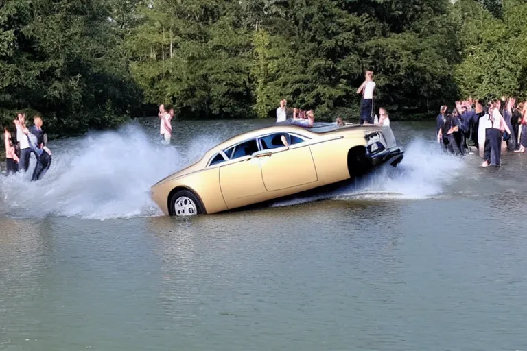 Image similar to Group of teenagers push Rolls-Royce into lake from small slide