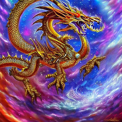 Prompt: detailed cosmic dragon by the cosmic artist, powerful, expressive, artistic, stunning fantasy art