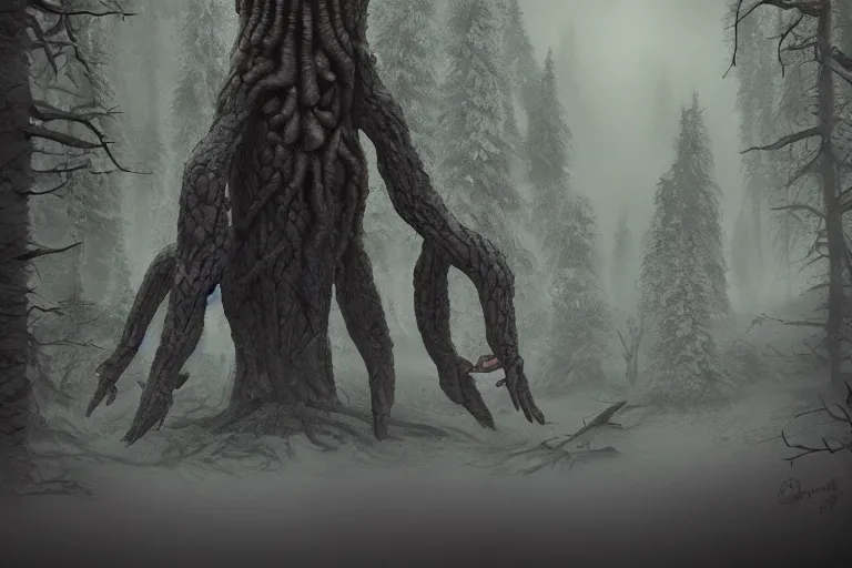 Prompt: creepy eldritch monster in a swedish forest in the winter, very low angle photograph, very detailed, trending on artstation, realistic, soft colors, simon stålenhag, lovecraft, horror